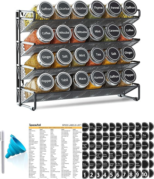 SpaceAid Spice Rack Organizer with 24 Spice Jars, 386 Spice Labels, Chalk Marker and Funnel Set for Cabinet, Countertop, Pantry, Cupboard or Door & Wall Mount -24 Jars, 11.8" W 횞 10.8" H, Black