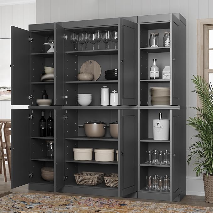 Palace Imports 100% Solid Wood Kitchen Pantry Hutch, Gray, 65" w x 71.5" h x 15.5" d, Renewable Eco-Friendly Wood, Made in Brazil