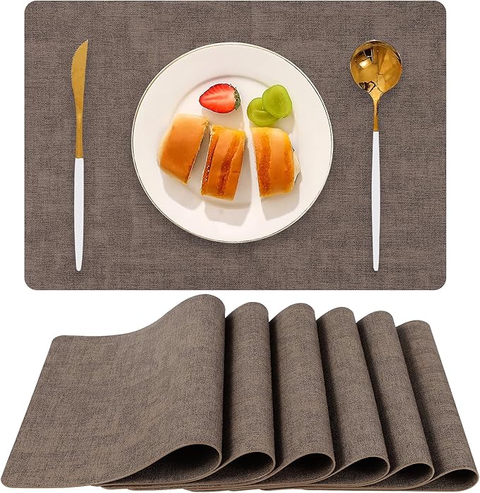Boobezeen Faux Leather Placemats Set of 6, Heat Resistant Wipeable Washable Vinyl Place Mats, Waterproof Anti-Slip Dining Table Mats, Suitable for Indoor & Outdoor Use (Coffee)