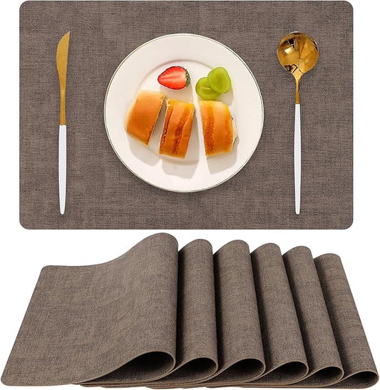 Boobezeen Faux Leather Placemats Set of 6, Heat Resistant Wipeable Washable Vinyl Place Mats, Waterproof Anti-Slip Dining Table Mats, Suitable for Indoor & Outdoor Use (Coffee)