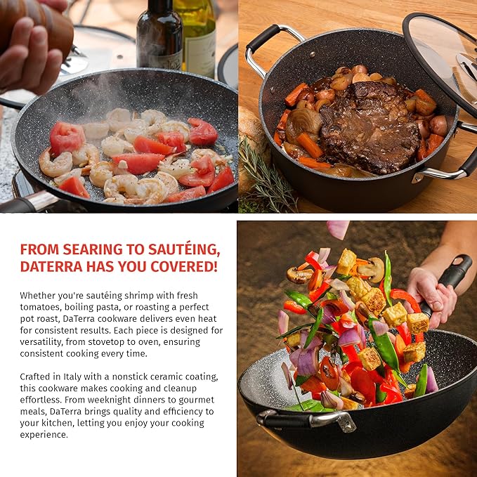 DaTerra Cucina Nonstick Family Bundle ??13" Frying Pan, 13" Wok with Lid, 8 Qt Dutch Oven with Lid ??Oven Safe, Ceramic Nonstick, PTFE & PFOA Free ??Made in Italy, Volcanic Black Speckled
