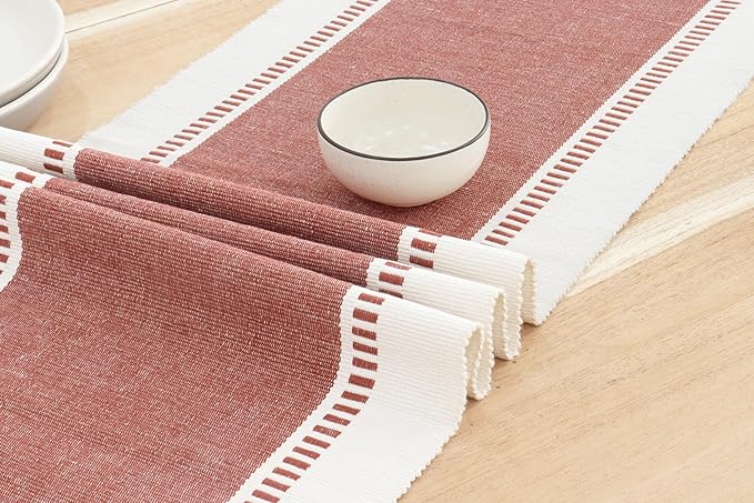 PurpleEssences Rust Table Runner - Wide with Dobby Stripe, Heavy Ribbed Weave & Double Knot Fringes, 14x72 Inch (14x77.5 with Fringes) Farmhouse Decor - Christmas Holiday Winter - Rust and H.White