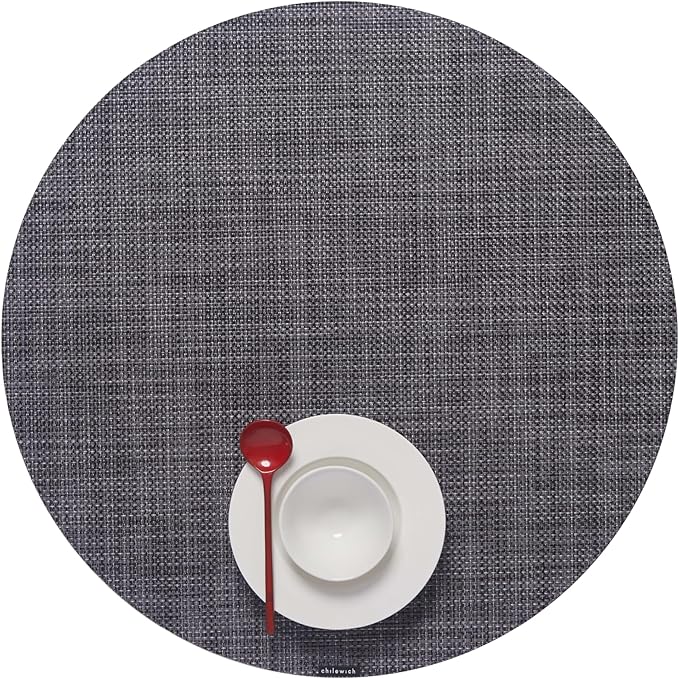 Chilewich Mini Basketweave Placemats in Cool Grey - Set of 4 - Easy Care Woven Tabletop Textiles - Indoor/Outdoor - 15" Round