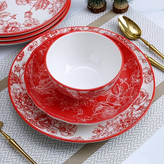 12-Piece Red Rose Dinnerware Set, Porcelain Plates with Full Red Pattern, Service for 4, Microwave and Dishwasher Safe