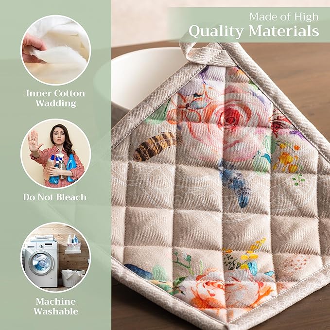 Maison d' Hermine Pot Holders 100% Cotton Heat Resistant Potholders 8" x 8" Hot Pads with Loop BBQ, Cooking, Baking, Grilling, Kitchen, Handling Hot Pans Spring/Summer (Pack of 1, Ibiza - Beige)