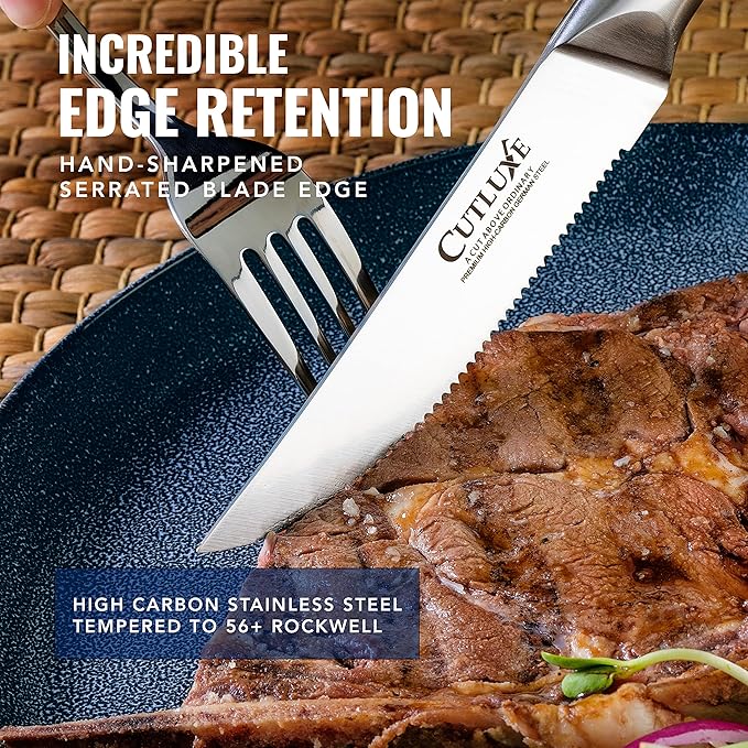 Cutluxe Steak Knives Set of 6, Serrated Steak Knives ??Forged High Carbon German Steel, Full Tang, Ergonomic Handle Design ??Artisan Series