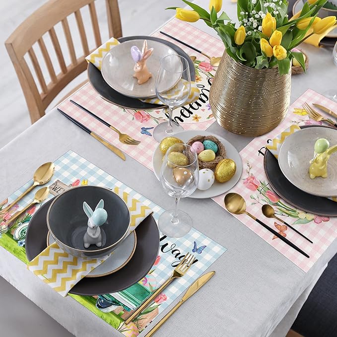 Pinata Easter Placemats Set of 6, Easter Placemats 12x18 Inch for Dining Table, Bunny Pattern Place Mats, Farmhouse Rustic Table Decor