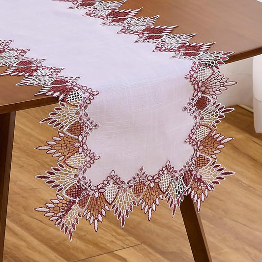 Raedan Natural Linen Table Runner 120 inches Neutral Earth Tones Beige Lace Handcrafted Coffee Table Runners Dresser Scarf for Spring Easter Summer Kitchen Wedding Party (16?쓝120?? Dark Red)
