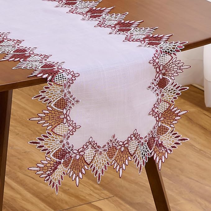 Raedan White Dark Red Lace Linen Table Runner 72 inches Long, Claret Dresser Scarf Table Topper for Christmas Kitchen Coffee Table Wedding Party Home Decor (Dark Red, 16?쓝72??