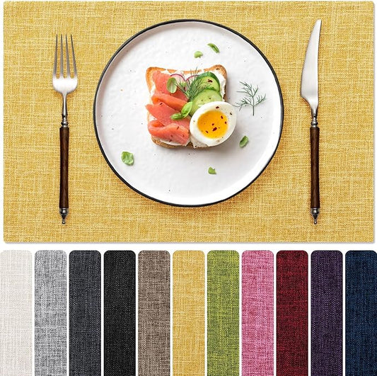 Blue Forest Placemats Set of 4, Dual-Layered Thickened Faux Linen Cloth Place Mats Heat Resistant Machine Washable Wrinkle Free Table Mats Indoor/Outdoor (Yellow)