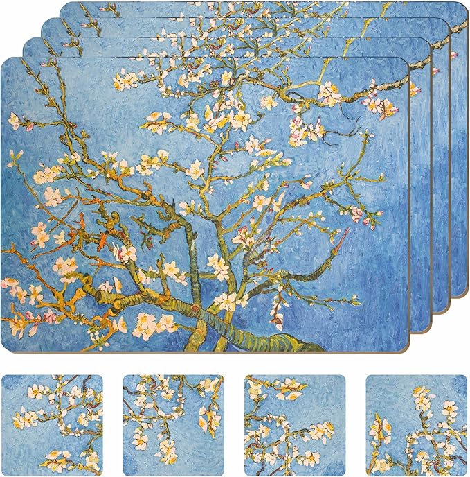 Moderry Set of 4 Heat Resistant Cork Placemats for Dining Table with Free Set of 4 Matching Drink Coasters Van Gough Blue Botanical Design 16 x 12 Inches Cork Backed Hard Placemats (Almond Blossoms)