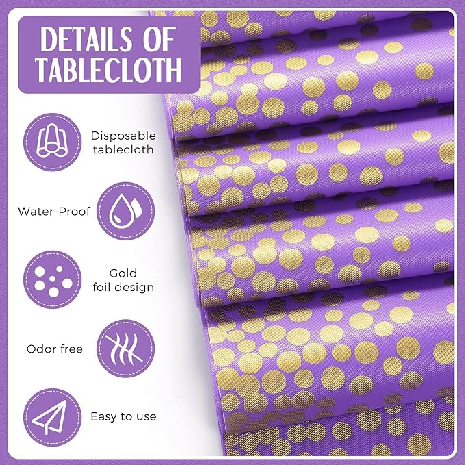 Tudomro 16 Pcs Purple and Gold Disposable Plastic Tablecloths and Satin Table Runner Set 54x108 Inch Tablecloth 12x108 Inch Table Runners for New Year Wedding Birthday Baby Shower Graduation