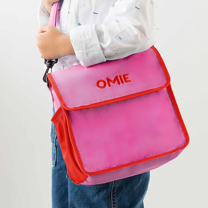 Omie OmieBox Lunch Bag - Washable, Foldable, Durable, WaterResistant Fabric with Interior Pocket and External Bottle Holder (Pink)