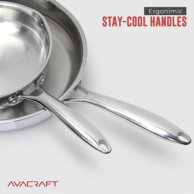 AVACRAFT 18/10 12 Inch Stainless Steel Frying Pan with Lid, Side Spouts, Induction Pan, Versatile Stainless Steel Skillet, Fry Pan in our Pots and Pans (Tri-Ply Stainless Steel, 12 Inch)