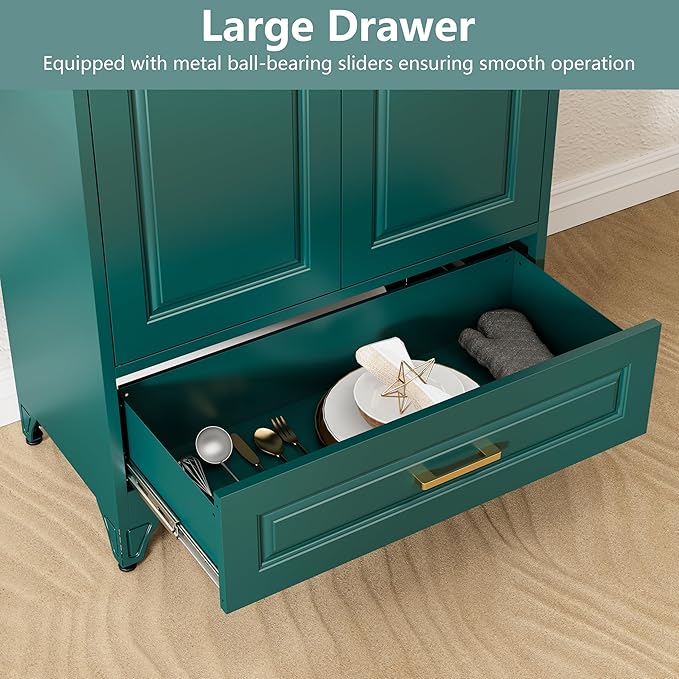 Metal Storage Cabinet,75" Tall Kitchen Pantry Storage Cabinet with Doors and Adjustable Shelves, Green Metal Pantry Cabinets with Drawer, Large Cupboard for Kitchen, Dining Living Room