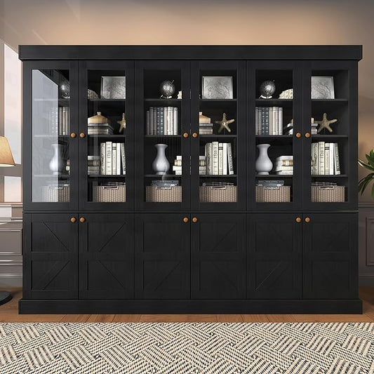 71" Tall Farmhouse Kitchen Pantry, Rustic Large Storage Cabinet with Glass Doors, Adjustable Shelves, Wood Versatile Hutch Cabinet for Dining Room, Living Room, Black 3 Pcs