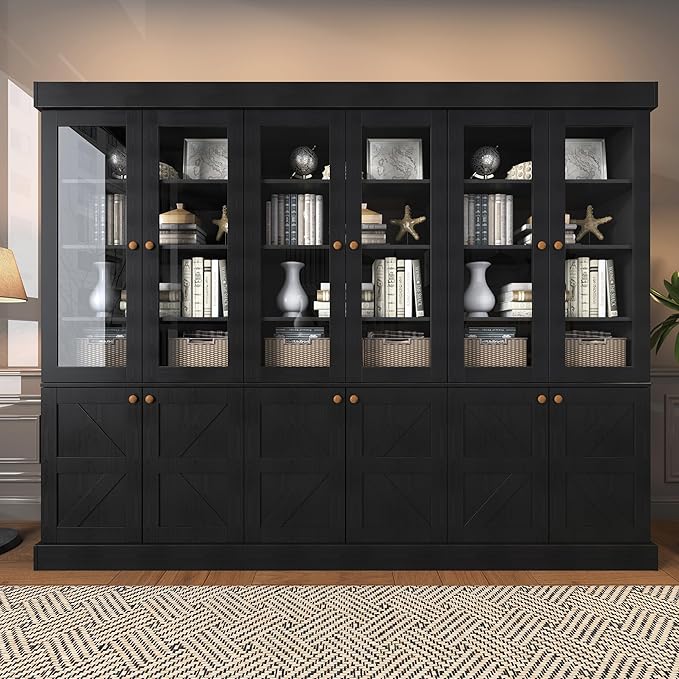 71" Tall Farmhouse Bookshelves with Glass Doors, Rustic Large Bookcase with Adjustable Shelves, Wooden Storage Cabinet for Living Room, Kitchen, Home Office, Dining Room, Black Glass Door(3 Pcs)