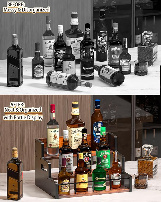 Liquor Bottle Display Shelf,Wood Syrup Organizer Rack,3 Step Countertop Organizer Wine Rack,Rustic Coffee Station Accessories for Syrup (Brown)