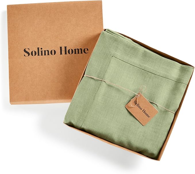 Solino Home Linen Tablecloth 54 x 72 Inch - 100% Pure Linen Chambray Olive Table Cloth for Rectangular Tables - Athena, Machine Washable Cloth Tablecloth for Christmas