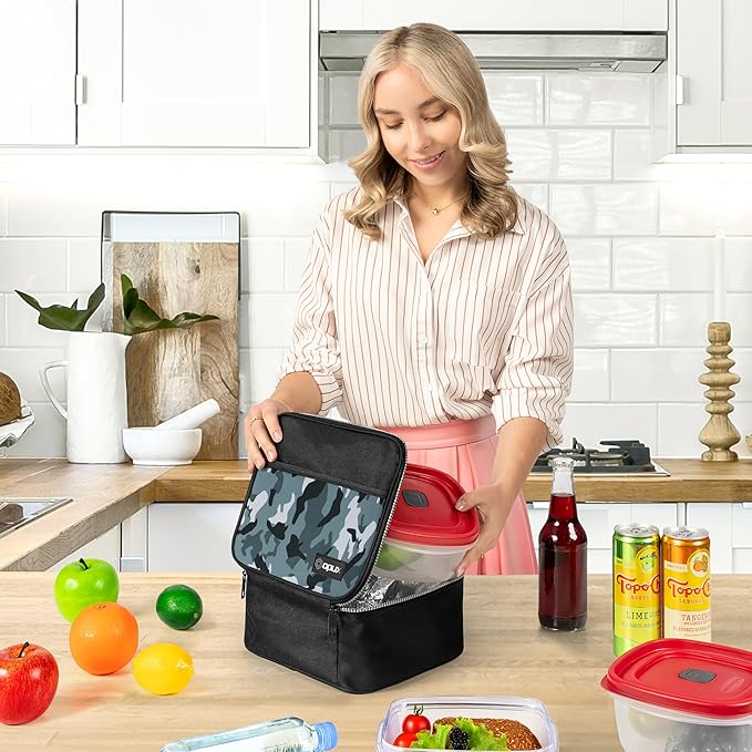 opux Insulated Lunch Bag Kids, Lunch Box for School Boy Girl, Leakproof Small Reusable Compact Soft Mini Cooler Bag, Toddler Small Lunch Boxes Kit Pail with Front Side Pockets (Camo Green)
