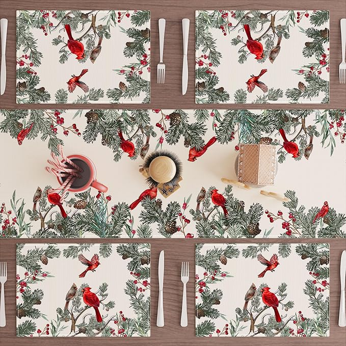 XCHI Cardinal Birds Winter Pine Tree Christmas Xmas Placemats Set of 8 Table Mats for Party Home Kitchen Dining Table Decorations 12x18 Inch
