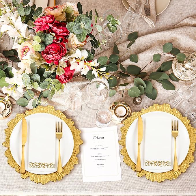 Nitial 100 Set Reef Charger Plate Set Bulk 13 Plastic Charger Plates Ruffled Rim with Paper Napkins Guest Towels for Table Setting Wedding Party (Gold)
