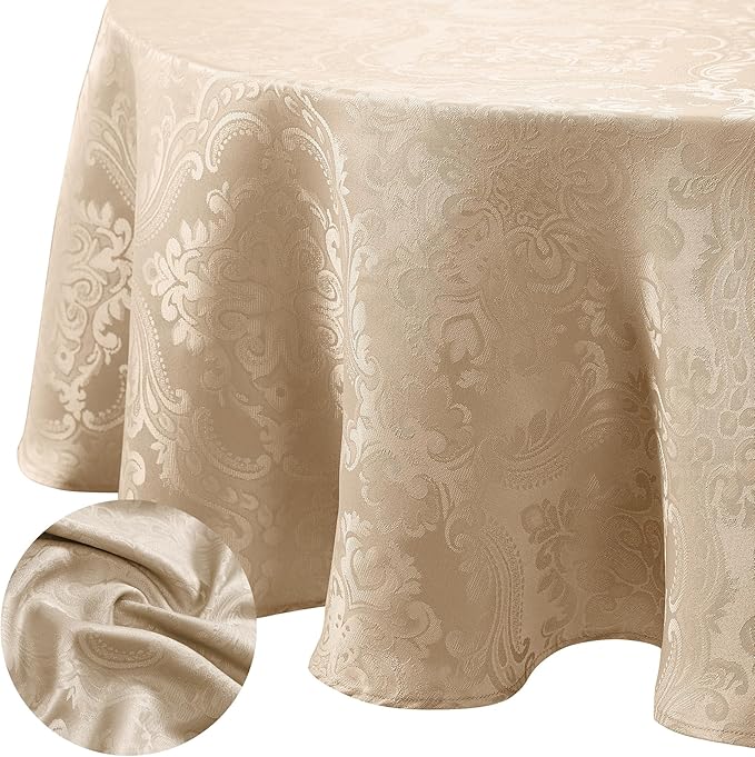 Elrene Home Fashions Caiden Elegance Damask Waterproof, Stain & Wrinkle Resistant Fabric Tablecloth, 70" Round, Taupe