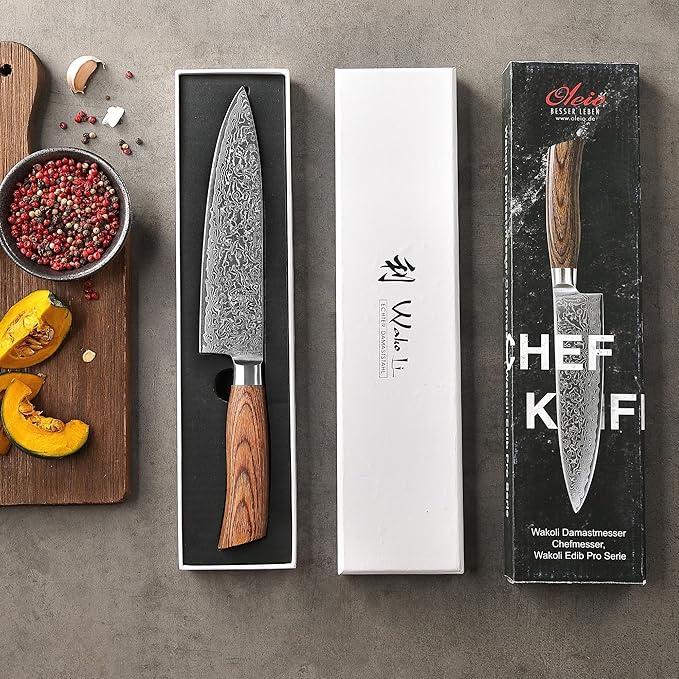 Wakoli EDIB Pro Damascus Chef Knife ??Japanese Style Kitchen Knife | 7.9-Inch Genuine Damascus Steel Blade with VG10 Core | Ergonomic Pakkawood Handle | Professional Cooking Tool