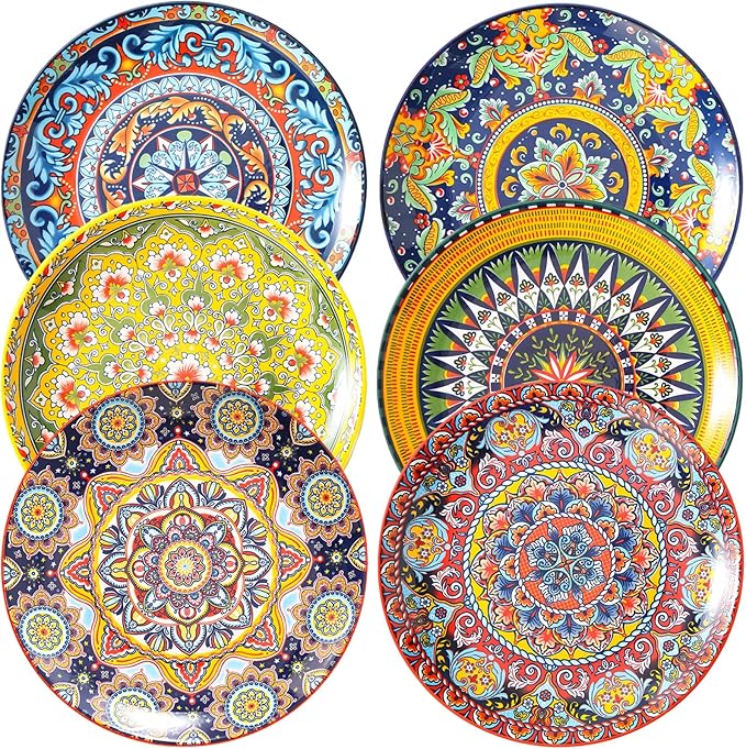 6-Piece Bohemian Dinner Plate Set, 10-Inch Large Plates, Suitable for Salad, Fruit, Pasta, and Main Courses, Party Tableware Set, Dishwasher and Microwave Safe