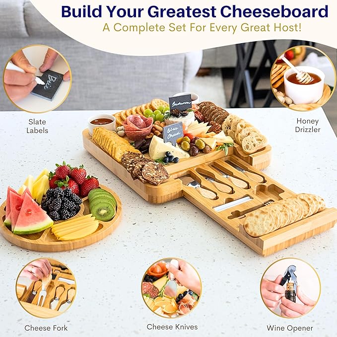 Large Charcuterie Boards Gift Set: Bamboo Cheese Board and Knife Set, Cheese Tray- Unique for Mom, 10 Host Accessories, House Warming, Christmas Gifts New Home, Wedding Gifts for Couple