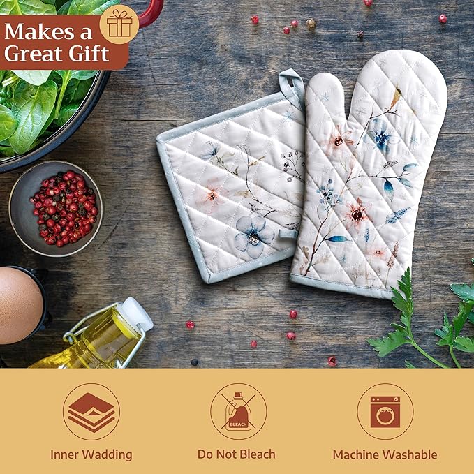 Maison d' Hermine 100% Cotton Oven Mitt & Pot Holder Set (7.5"x13" & 8"x8") Heat Resistant BBQ Cooking Gloves with Loop for Thanksgiving Christmas Decorations Handling Hot Pans (Ice Florals)