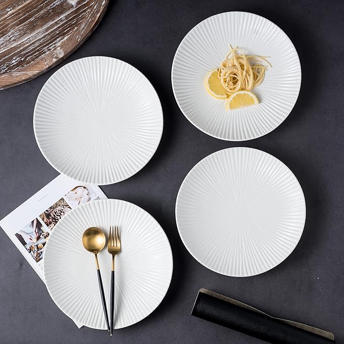 CLAY TONIC Set of 4-10.3 Inch Japanese Style Porcelain Round Dinner Plates, Versatile Circular Serving Plates for Pasta, Salad, Steak Dinner (White, 10.3 Inches)