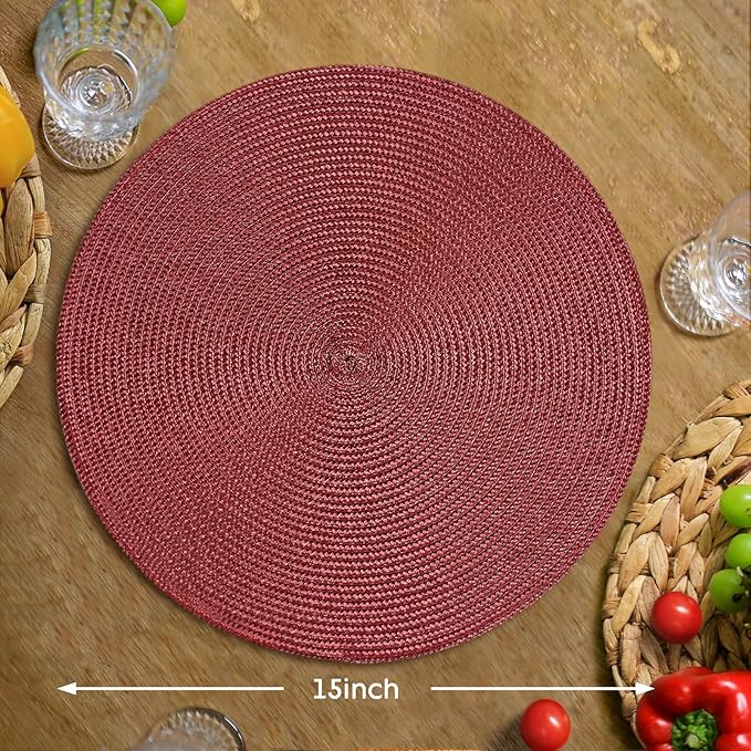 FunWheat Round Braided Placemats Set of 8 Table Mats for Dining Tables Woven Washable Non-Slip Place mats 15 inch(Wine,8pcs)
