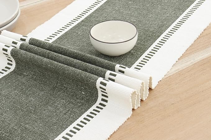 PurpleEssences Table Runner - Wide with Dobby Stripe, Heavy Ribbed Weave & Double Knot Fringes, 14x90 Inch (14x95.5 with Fringes) Farmhouse Decor Christmas Holiday Winter - Artichoke Green and H.White