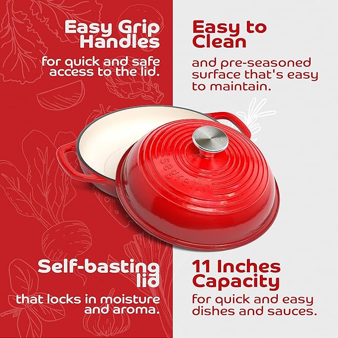 Enameled Cast Iron Bread Pan with Lid, 11??Red Bread Oven Cast Iron Sourdough Baking Pan, Dutch Oven for Bread, No Seasoning Needed -Segretto Cookware