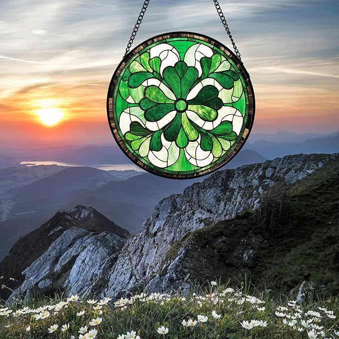 Stained Glass Window Hanging White Green Decoration Large 15" - Suncatcher Door Garden Sun Catcher Ireland Decor Birthday Mother's St. Ripack's Day Gift for Woman Mom Men Friend Nana Wife