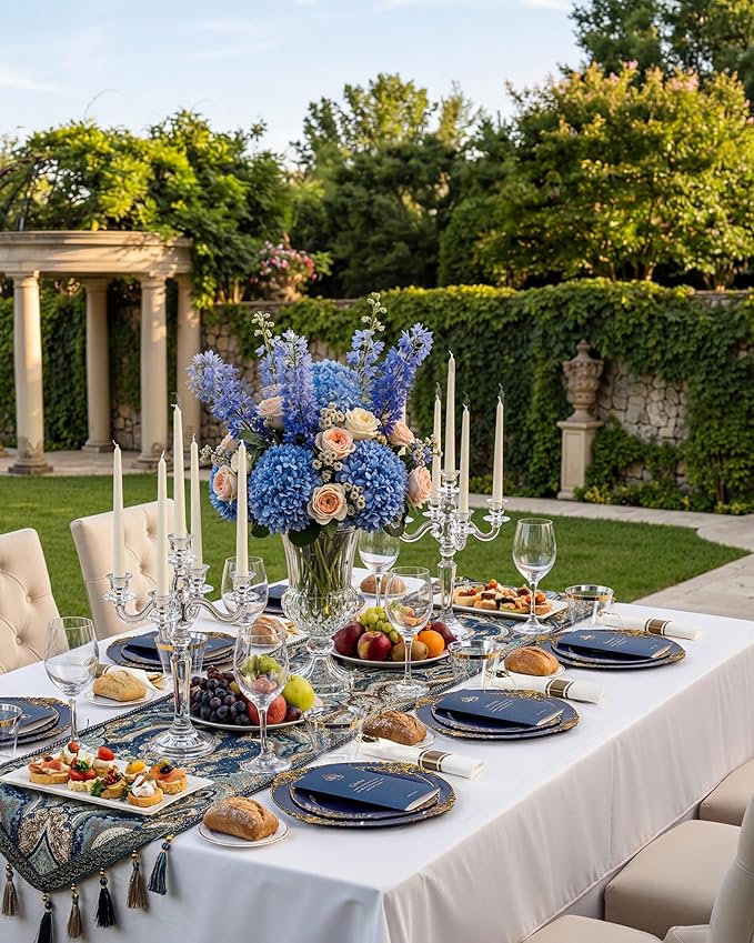 Nervure 350Pcs Blue Plastic Plates - Blue Gold Plastic Dinnerware Sets for 50 Guests - 100 Gold Disposable Plates, 50 Pre Rolled Silverware, 50 Cups Perfect for Wedding & Party & Independence