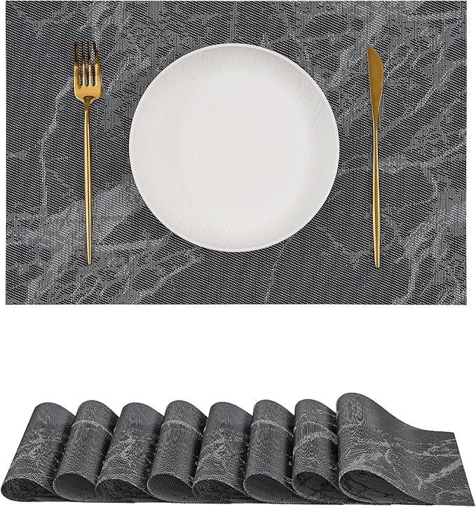 Leetaltree Reversible Marble Placemats Set of 8 - Ships Flat and Stays Flat, Durable Washable Vinyl PVC Placemats, Heat Resistant, Easy Wipe Clean (Black Marble Pattern)