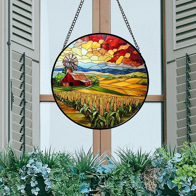 Stained Glass Window Hanging Autumn Farm Corn Harvest Landscape 6.3" - Suncatcher Garden Door Sun Catcher Home Decor Birthday Christmas for Woman Mom Friend Men Nana