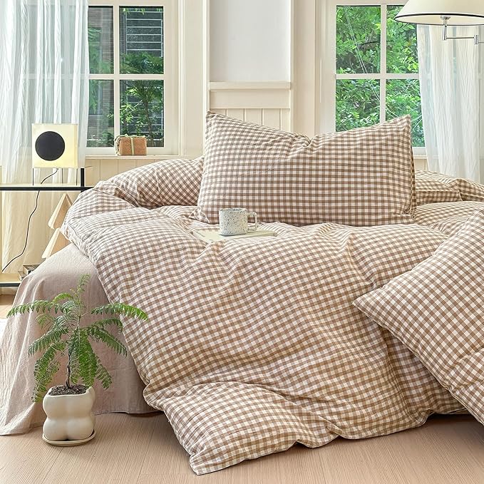 LifeTB Tan Gingham Comforter Set California King 3 Pieces Modern Plaid Comforter Set Beige Grid Comforter with 2 Pillowcases Soft Fluffy Checkered Grid Pattern Gingham Bedding Set for All Seasons