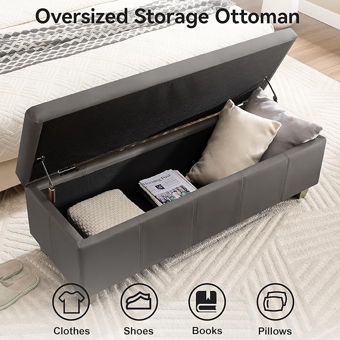 WUTUTUEE 51" Faux Leather Storage Ottoman, Stitch Tufted Rectangle Upholstered End of Bed Storage Bench, Entryway Large Couch Ottoman with Wooden Legs,Dark Grey