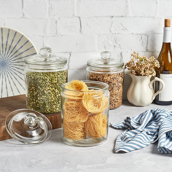 Le?셱aze 3pc Canister Sets for Kitchen Counter + Labels & Marker - Glass Cookie Jars with Airtight Lids - Food Storage Containers with Lids Airtight for Pantry - Flour, Sugar, Coffee, Christmas gift.