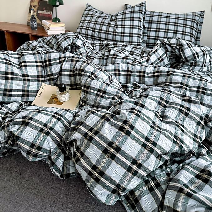 LifeTB Vintage Buffalo Plaid Comforter Set King, Modern Style Grey Black Grid Bed Comforter with 2 Pillowcases, 3 Pieces Soft Fluffy Checkered Pattern Comforter Farmhouse Gingham Plaid Bedding Set