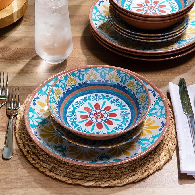 Larder & Vine 12-Piece Melamine Dinnerware Set: Durable, Lightweight, Break-Resistant Plates & Bowls ??Stylish, Non-Toxic, Dishwasher Safe ??Ideal for Everyday Use, Indoor & Outdoor Dining ??Southwest