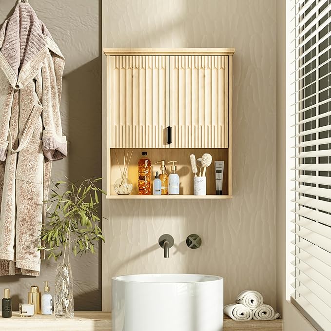 FLOWBACK Bathroom Wall Cabinet Over The Toilet Storage, 23.5횞31.4 Inch Wall Mounted Medicine Cabinet with Adjustable Shelf and Door, Natural Wood Storage Cabinet for Laundry Room, Bedroom Kitchen
