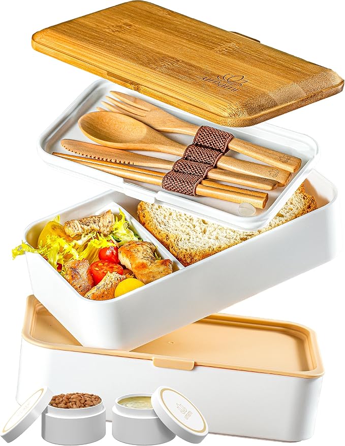 Umami Bento Box Adult All-In-1 w/4 Utensils, 2Sauce Jars, 2 Dividers, 100% Leakproof, Microwave & Dishwasher Safe, Stackable Bento Lunch Box Containers for Men/Women, White Bamboo, 40 oz