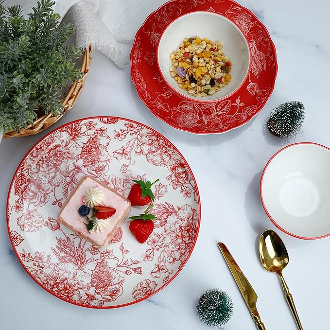 12-Piece Red Rose Dinnerware Set, Porcelain Plates with Full Red Pattern, Service for 4, Microwave and Dishwasher Safe