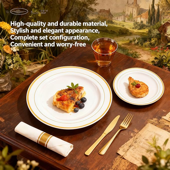 Elegant Wedding Disposable Plates Gold Dinnerware Sets for 25 or 50 Guests for Reception (175)