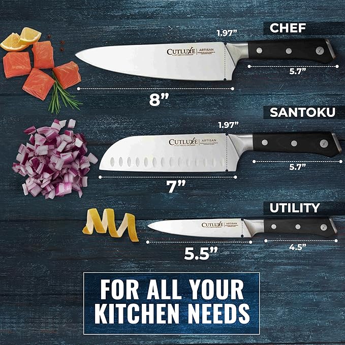 Cutluxe Chef Knife Set, 3 PCS Professional Chef's Knife Set ??Razor Sharp German Steel, Full Tang, Ergonomic Handles - Artisan Series