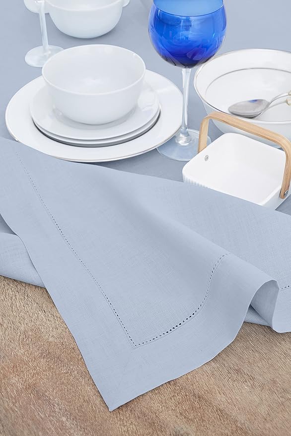 Solino Home Sky Blue Linen Tablecloth 54 x 72 Inch - 100% Pure Linen Hemstitch Table Cloth for Rectangle Tables - Classic Hemstitch, Machine Washable Tablecloth for Spring, Easter